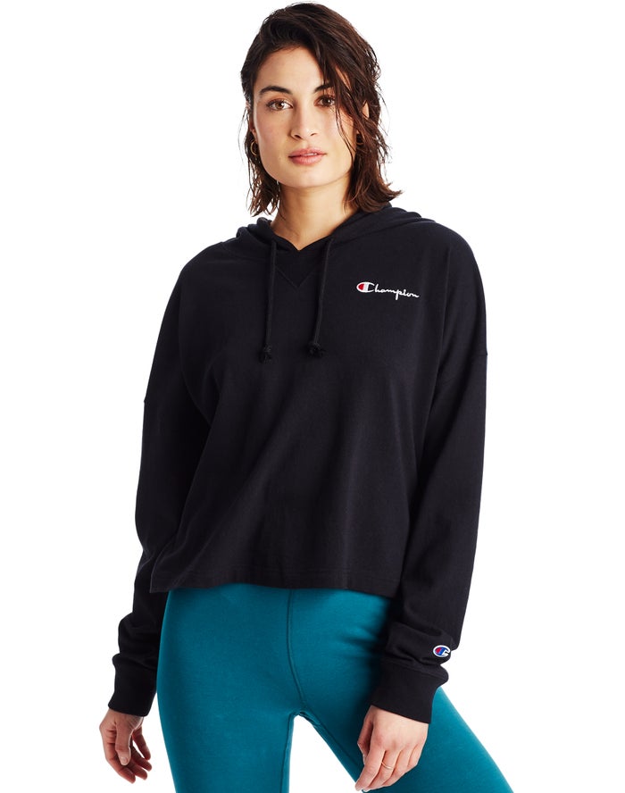 Champion Womens Hoodie NZ - Summer Sweats Oversized Embroidered Logo Black ( 0791-TIEYF )